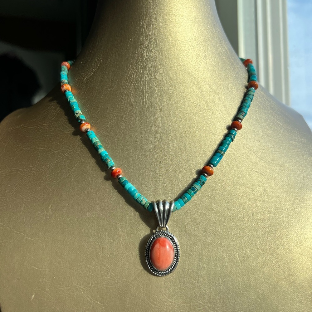 Spiny Oyster and Turquoise Silver Necklace